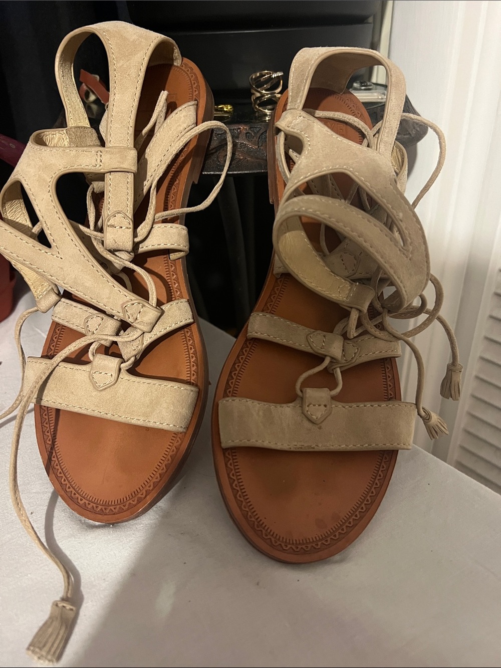 Frye Cream Suede Lace-Up Gladiator Sandals